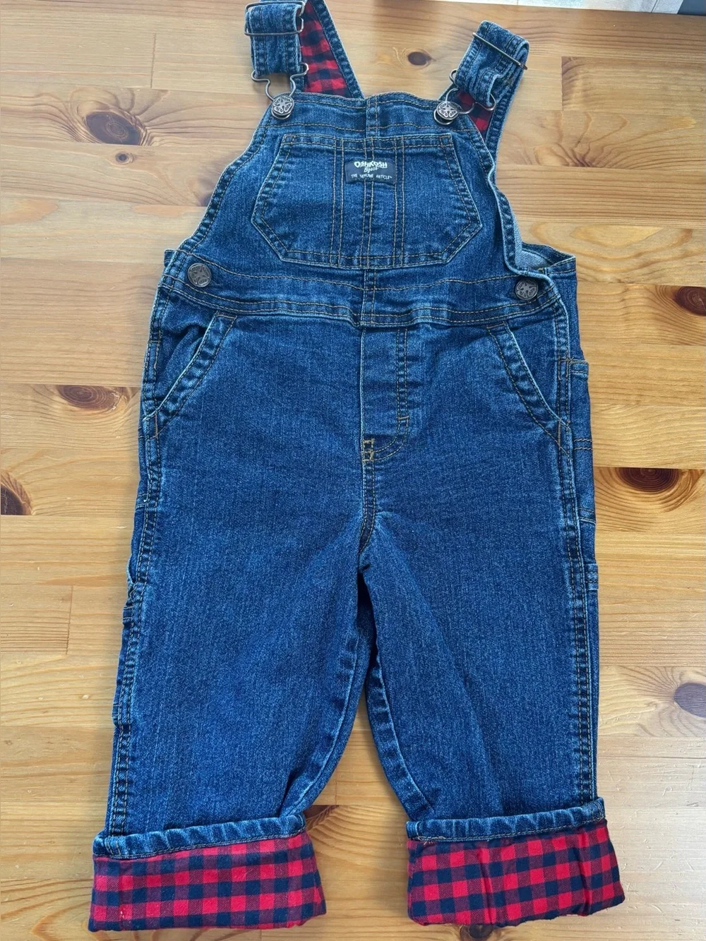 OshKosh B'gosh Toddler Blue Buffalo Plaid Lined Denim Overalls Size 2T